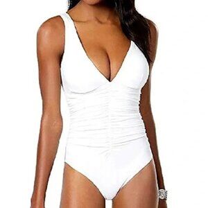 NWT Contours Coco Reef White One-Piece Swimsuit Underwire Ruching Design 12/36C